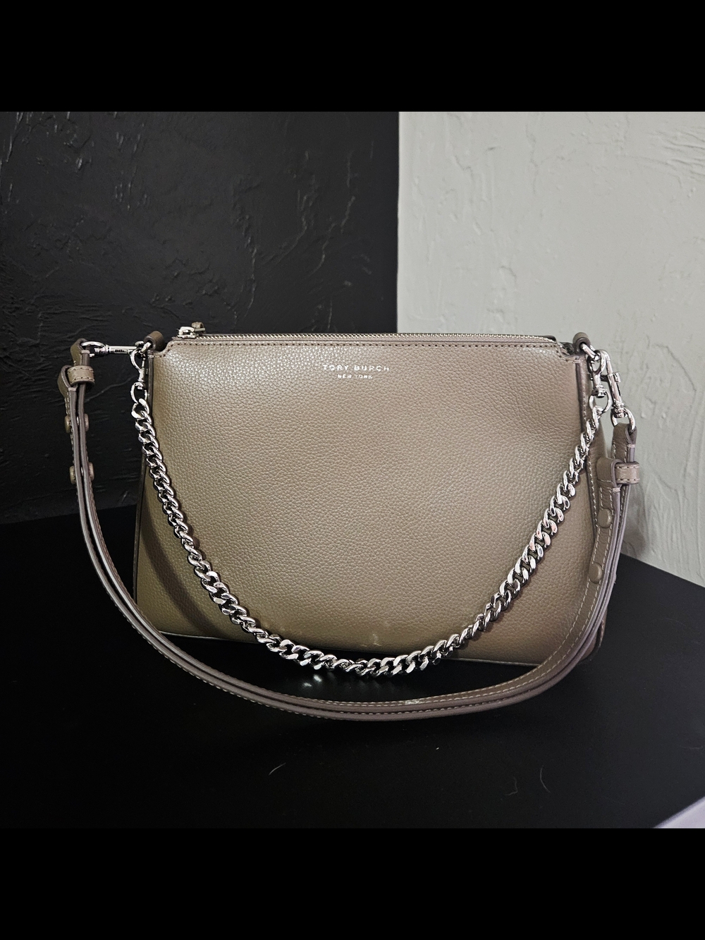 Tory Burch Pebbled Taupe Leather Chain Shoulder Bag